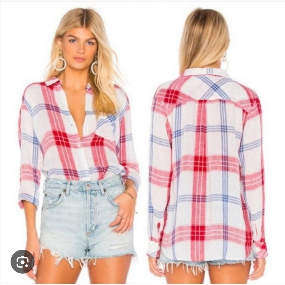 Rails Womens Charli Linen Blend Shirt Red Blue Plaid Long Sleeve Pocket Sz S